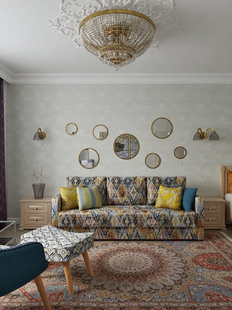 2014. Sterlitamak. One-bedroom apartment in a Brezhnev-era building with eclectic and Eastern touches for an elderly couple. Design of a one-bedroom apartment in a Brezhnev Eve Romanoff