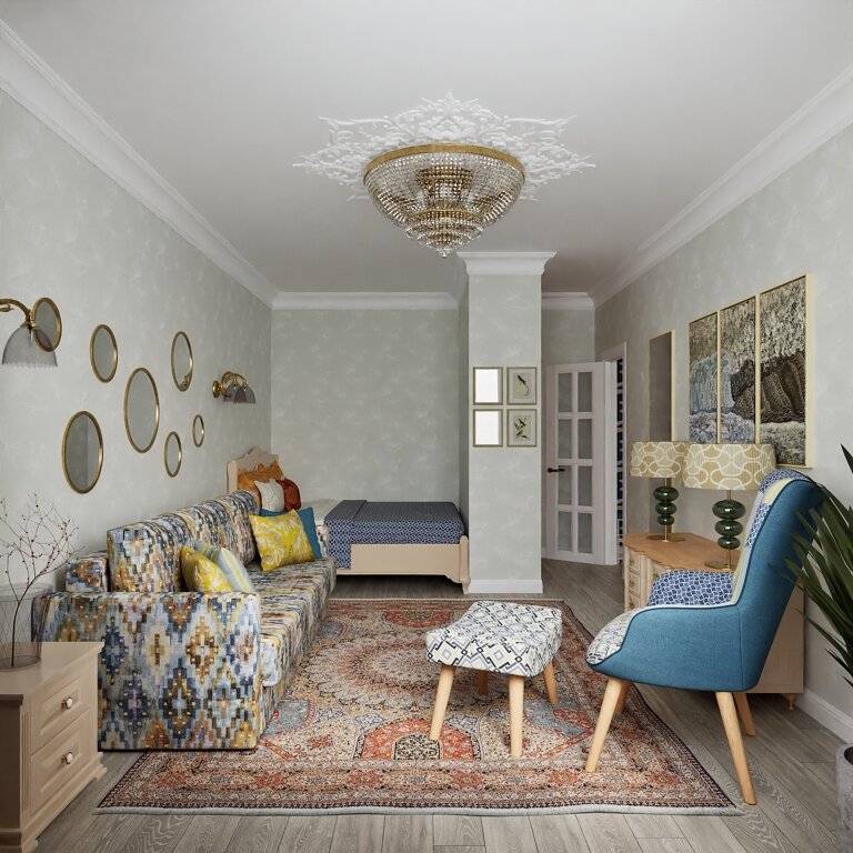2014. Sterlitamak. One-bedroom apartment in a Brezhnev-era building with eclectic and Eastern touches for an elderly couple. Design of a one-bedroom apartment in a Brezhnev Eve Romanoff
