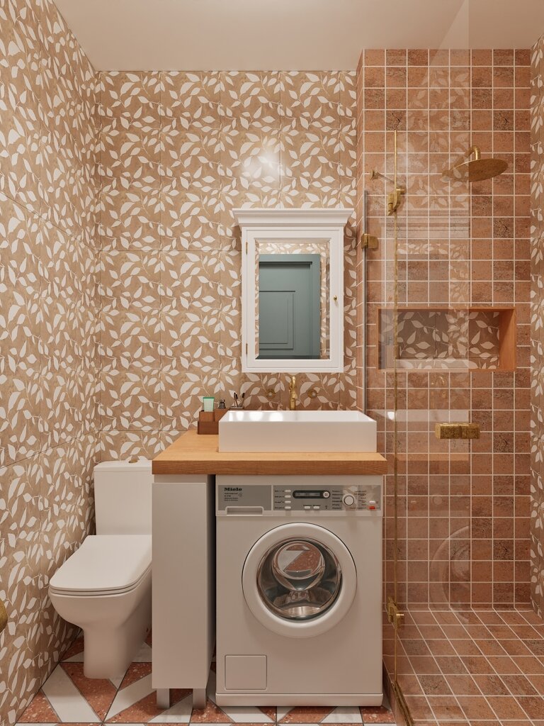 2016. Moscow. A one-room apartment with a bright orange kitchen and an ornate living room in a Khrushchev panel house. Eve Romanoff