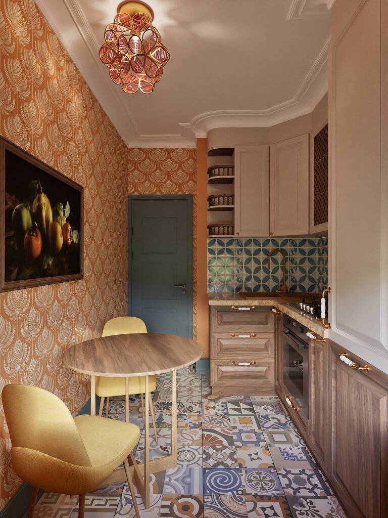 2016. Moscow. A one-room apartment with a bright orange kitchen and an ornate living room in a Khrushchev panel house. Eve Romanoff