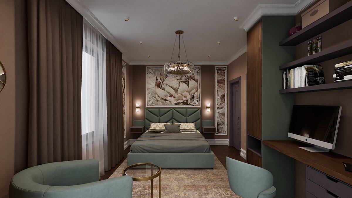 2020. Moscow. Begovoy District. One-bedroom apartment with a combined kitchen-living room, a separate kitchen island and a cute bathroom with pink flamingos. Eve Romanoff