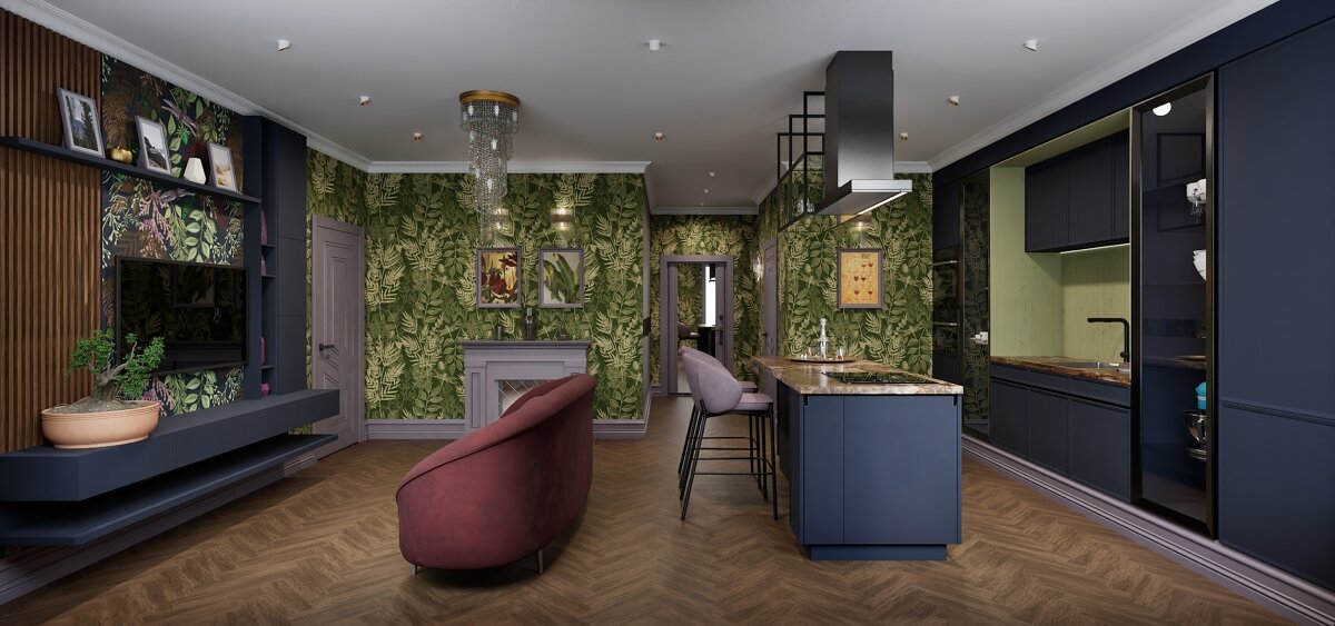 2020. Moscow. Begovoy District. One-bedroom apartment with a combined kitchen-living room, a separate kitchen island and a cute bathroom with pink flamingos. Eve Romanoff
